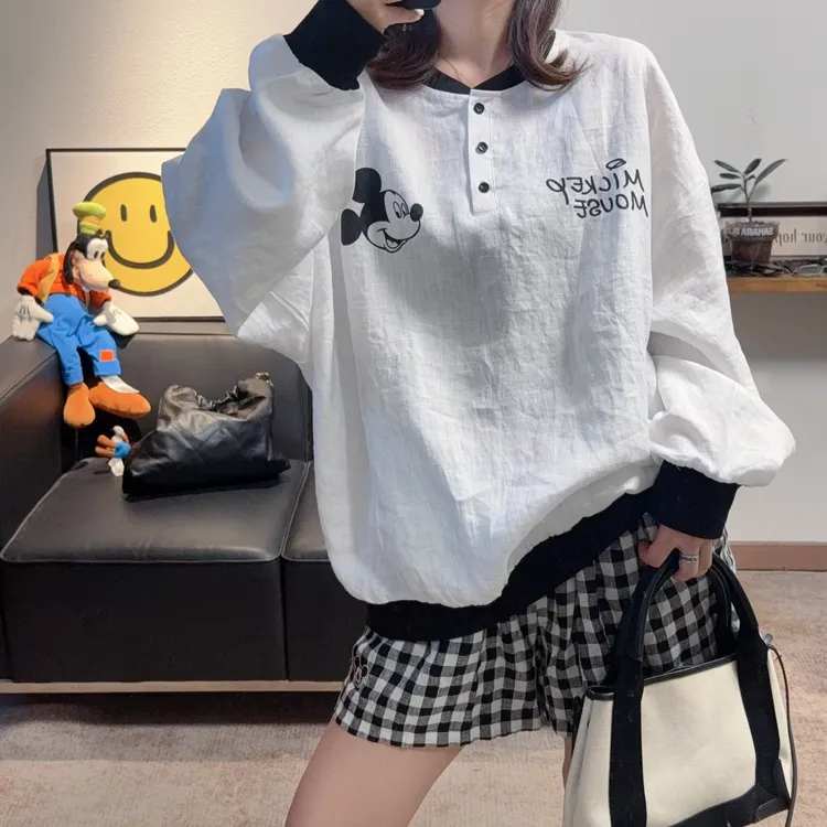 2026夏季新款超洋气设计款半系扣圆领米奇亚麻长袖T恤女宽松显瘦
