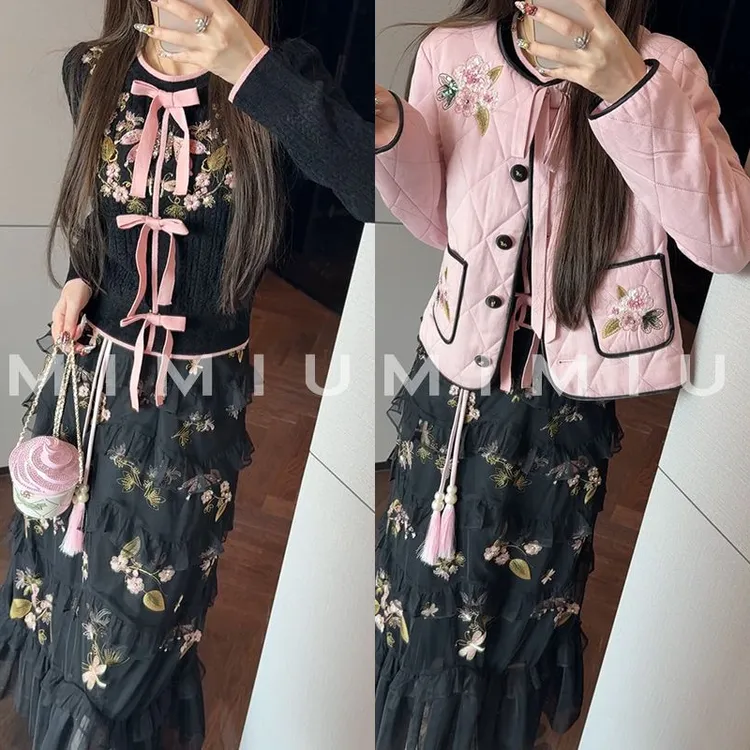 【mimius】P重工绣花针织衫/蝴蝶结可拆+半裙+棉服外套 汉服 G12199