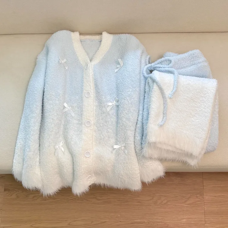 韩版甜美风渐变色秋冬款蝴蝶结半边绒加绒加睡衣女睡衣女款秋冬