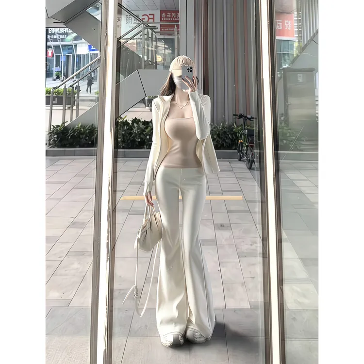 秋季白色休闲运动瑜伽上衣性感辣妹立领设计显瘦微喇休闲长裤套装