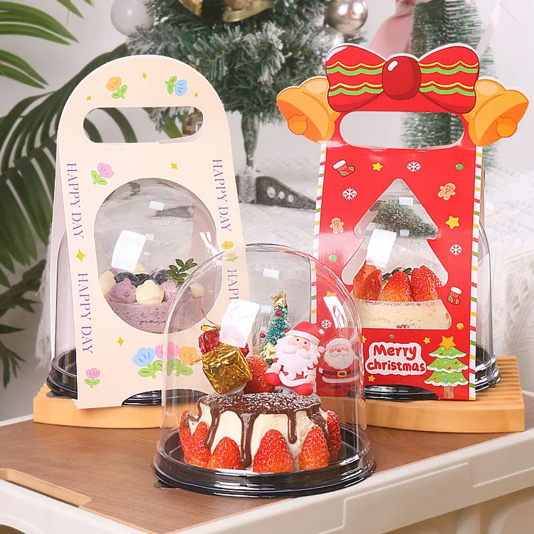 网红4寸圣诞节蛋糕装饰摆件圣诞树透明半圆蛋糕包装盒西点慕斯盒