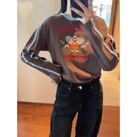 【张静芝】韩国新品~撞色织带拼接洋气做旧卡通印花长袖T恤