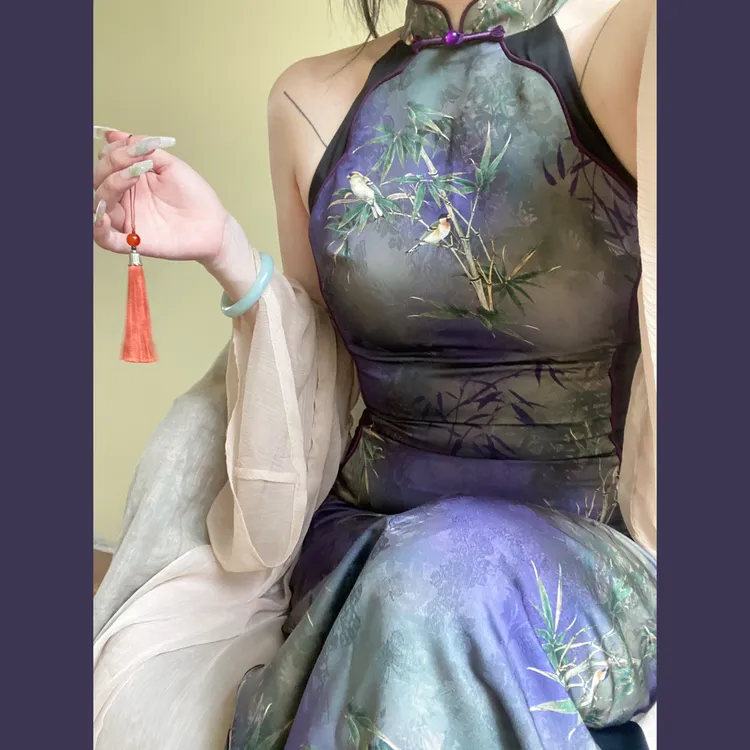 Lam muimui【鹊戏竹】新中式国风挂脖旗袍连衣裙夏季显瘦中长款裙子