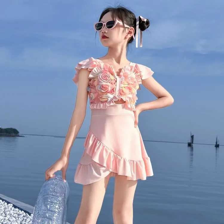 女童短袖裙式防晒连体泳衣儿大童防凸点游泳衣速干女孩泳装配短裤
