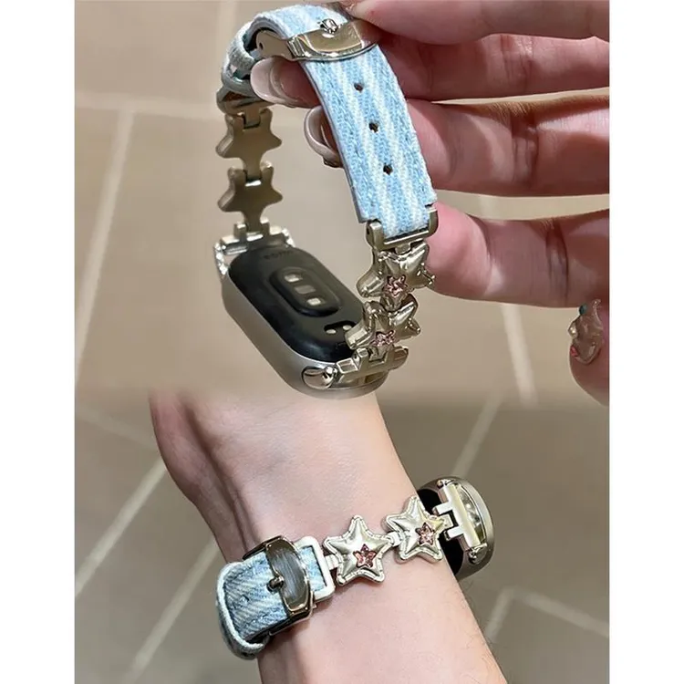 适用于小米手环10星星拼牛仔皮质表带小米9/8pro多巴胺金属新款女
