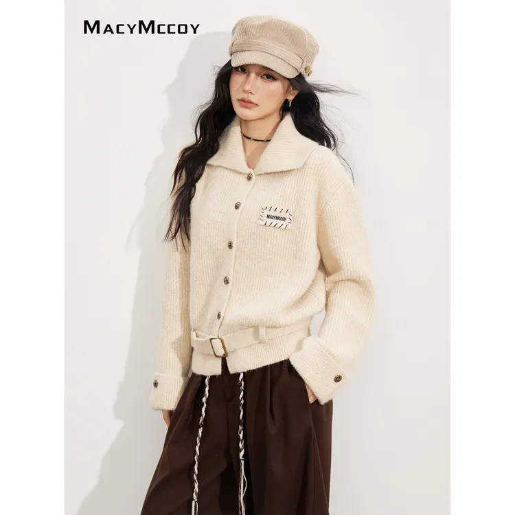 MacyMccoy翻领系带毛衣外套女秋冬设计感显瘦软糯针织上衣含羊毛