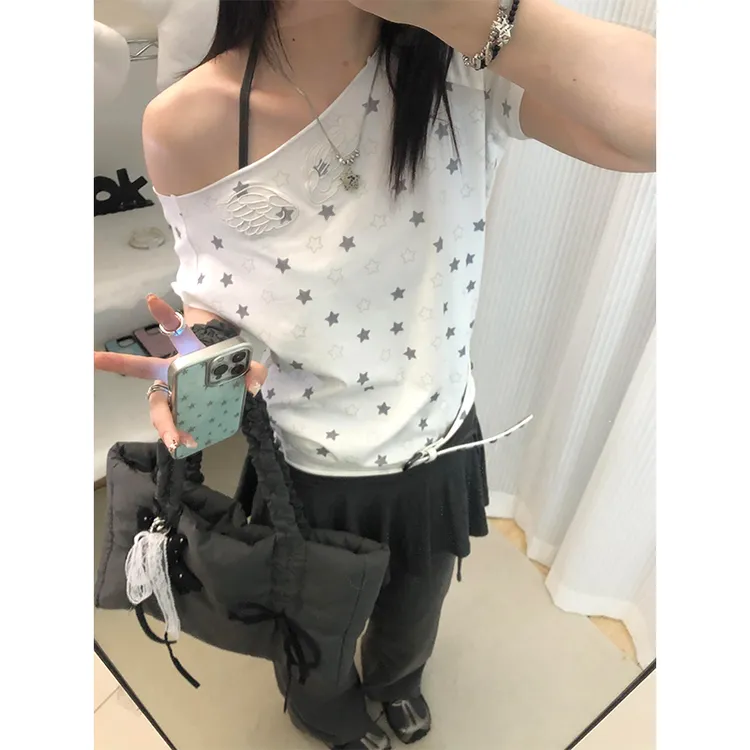 休闲衣服女慵懒风夏季韩系辣妹气质印花斜肩上衣高腰直筒休闲裤