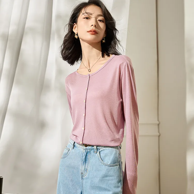 【天丝羊毛】女圆领开衫长袖薄款春秋显瘦气质时尚百搭针织衫605