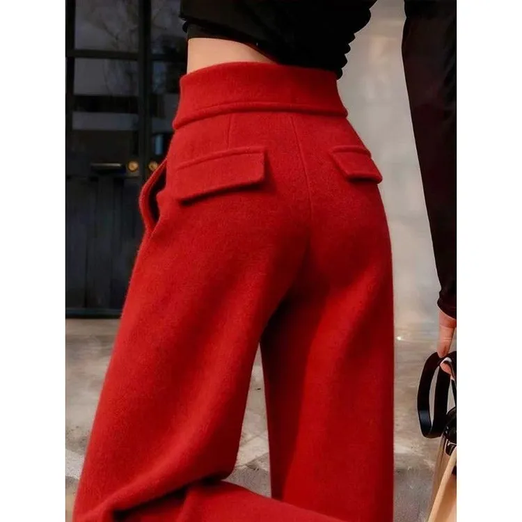 韩版慵懒风本命年红色高腰阔腿裤女2025宽松显瘦加绒加厚休闲长裤