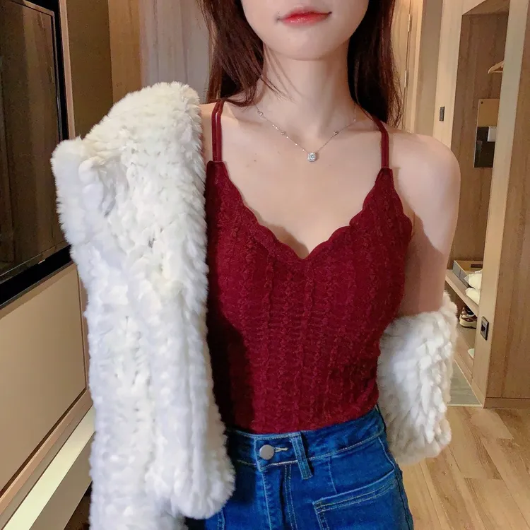 深V交叉美背无痕感吊带背心带胸垫一体百搭亲肤外穿内衣蕾丝修身