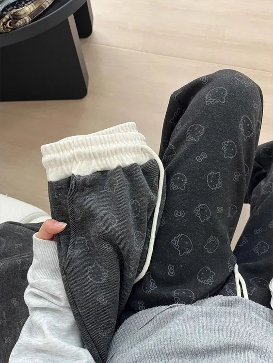 可爱kitty猫印花加绒糯米裤子女秋冬季直筒宽松慵懒休闲阔腿卫裤