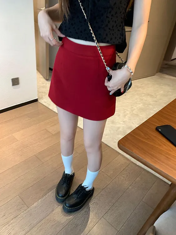 红色气质辣妹韩系半身裙女高腰显瘦夏季防走光a字裙百搭时尚短裙