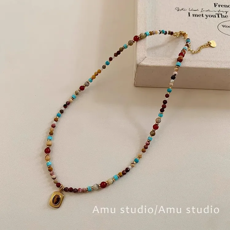 铜合金项链 彩色串珠虎眼石项链女轻奢小众设计感锁骨链气质颈链