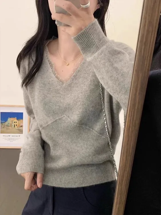 小香风韩系V领精纺羊毛衫蕾丝打底衫女秋冬宽松毛衣针织内搭上衣