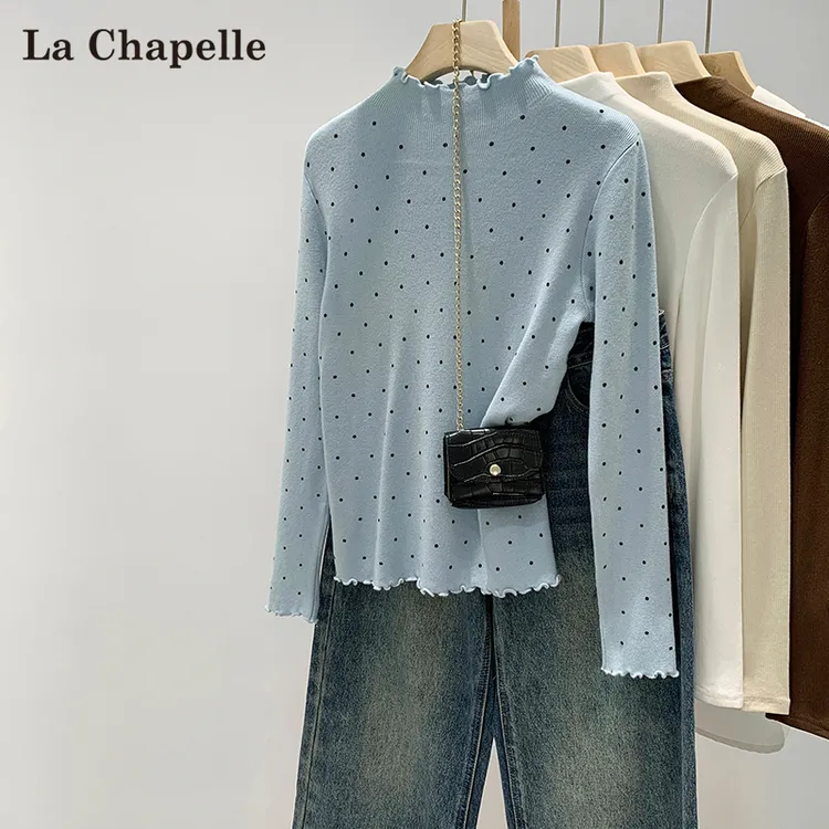 拉夏贝尔半高领波点毛针织衫女秋冬可外穿内搭小上衣木耳边打底衫