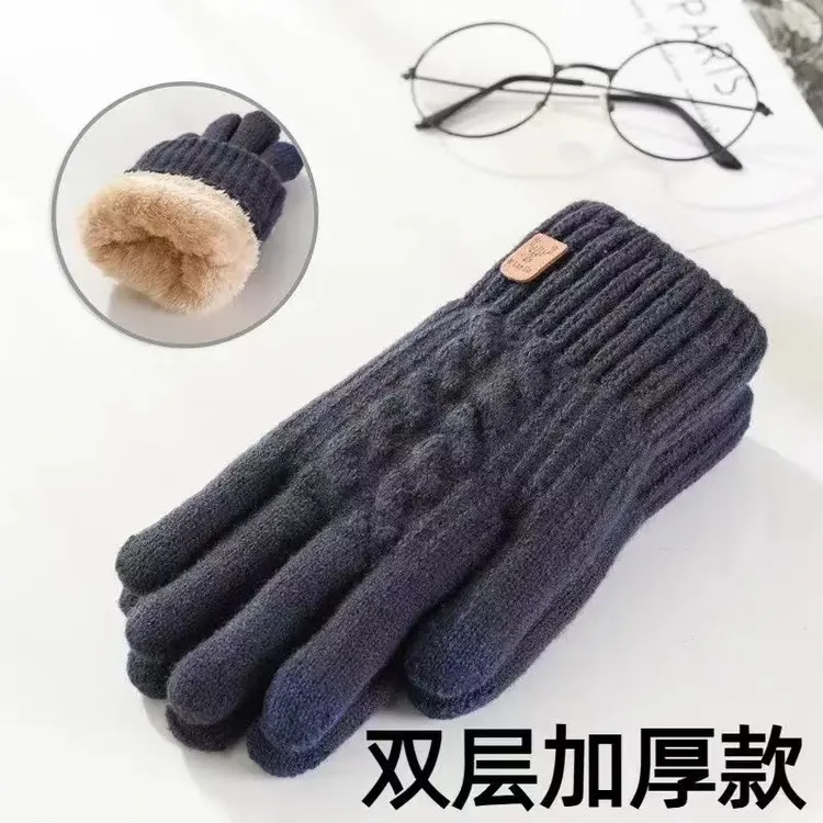 冬季防风保暖手套男女士骑车防冻防寒针织触屏加绒双层毛绒手套