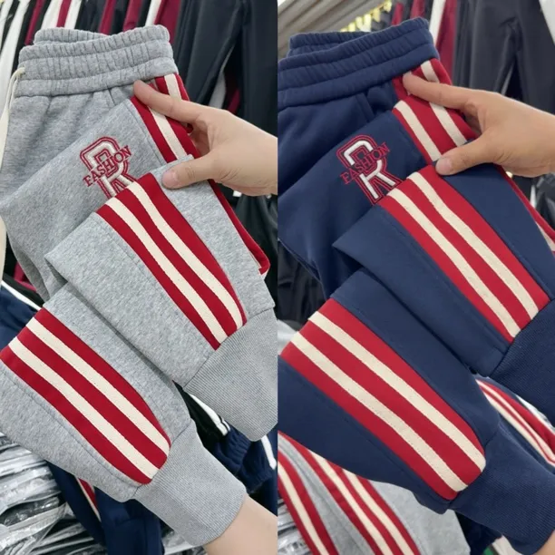 9920秋冬加绒加三道杠运动裤宽松束脚卫裤红白条纹高腰显瘦垂感休