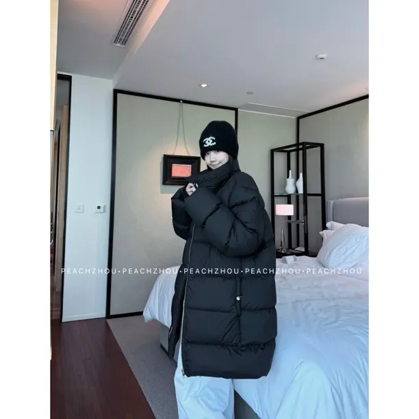 PEACHZHOU 斜襟RO风织带绗缝90白鸭绒宽松立领中长款羽绒服外套