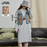 0006【金拐子】妖精的口袋假两件猫咪牛仔坎肩t恤连衣裙女春宽