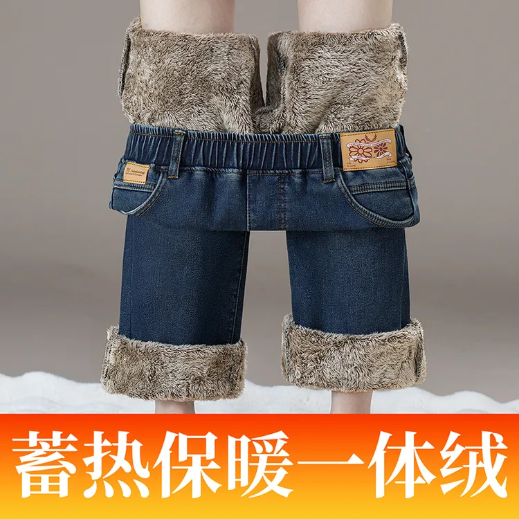 2025年新款高腰加绒舒适松紧腰直筒裤女秋冬季爆款微弹直筒牛仔裤