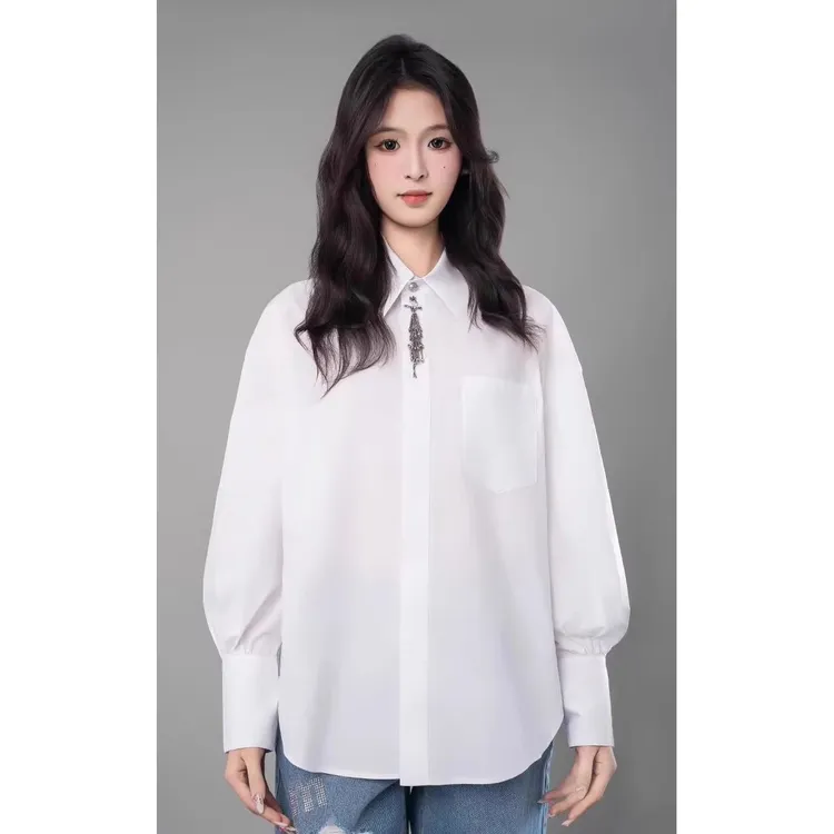 【商场同款】条纹灯笼袖衬衫夏季新款时尚百搭翻领钉珠衬衣女530052