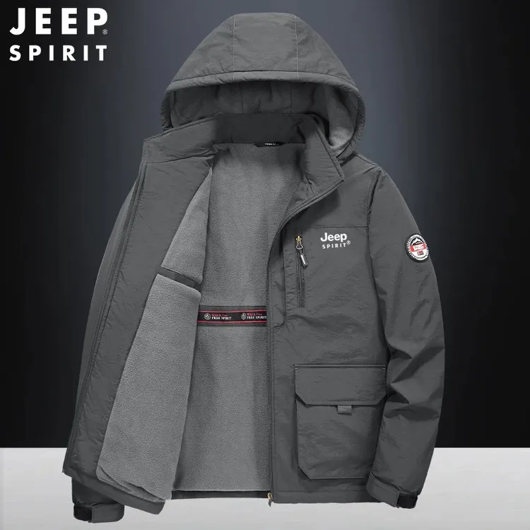 Jeep吉普棉服加绒加厚防风防水保暖夹克多口袋秋冬大码工装男外套