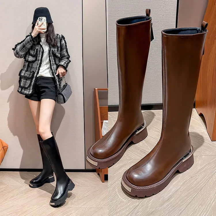 胖mm长筒靴粗腿长靴美拉德棕色加宽大筒围高筒骑士靴子女大码秋冬