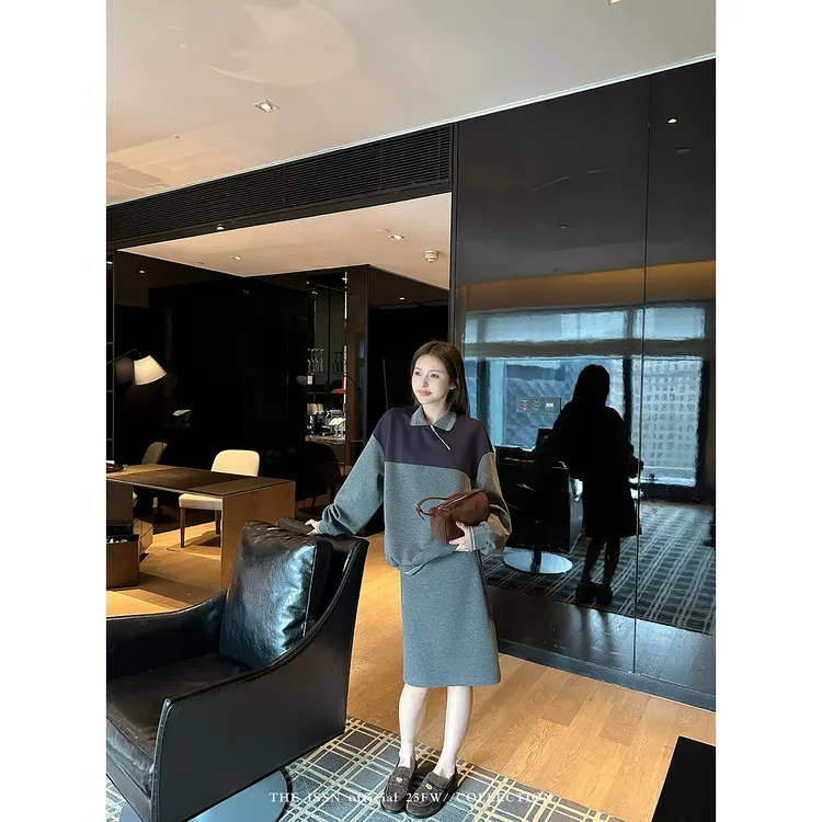 THEISSN宁司 撞色polo领T恤女早秋上衣半身裙套装 01244/01245