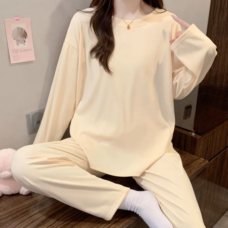 睡衣女新款秋冬季德绒长袖长裤休闲简约女士可外穿圆领家居服套装