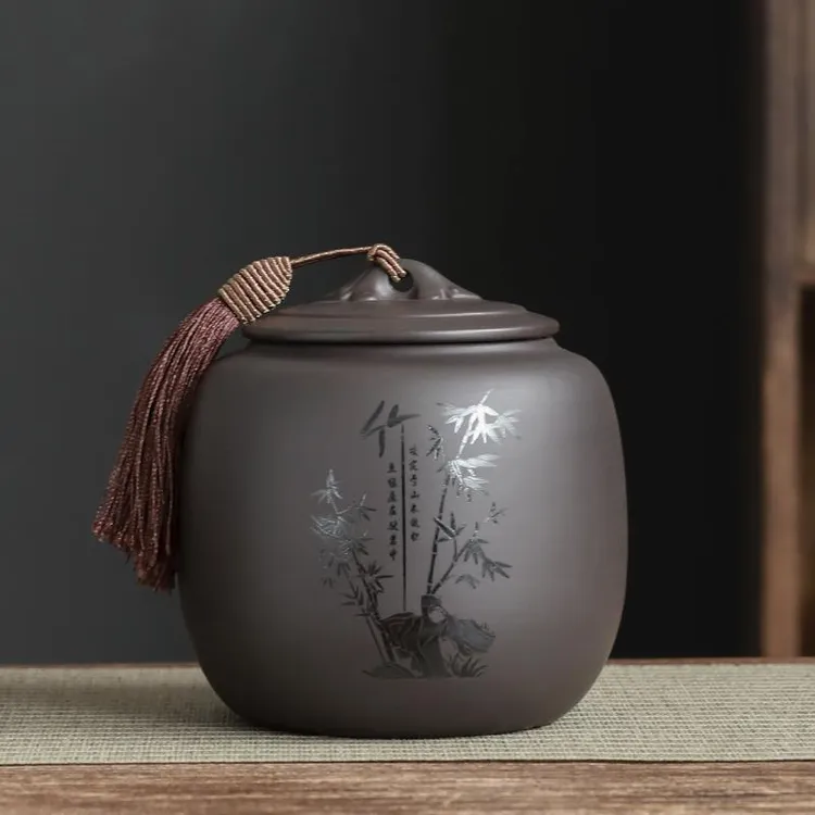 FAVMARTHA紫砂茶叶罐密封罐储存普洱茶罐家用防潮梅竹中式陶瓷罐