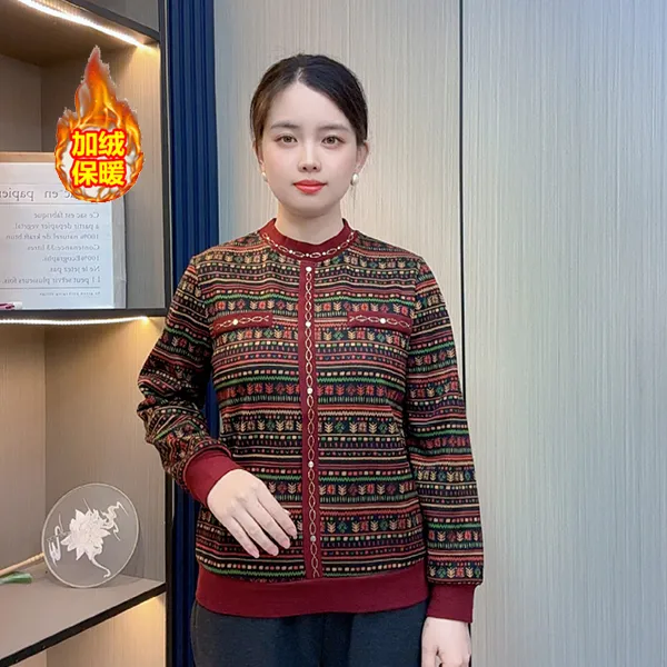 秋冬新款圆领时尚印花打底小衫妈妈装加绒保暖宽松洋气长袖上衣
