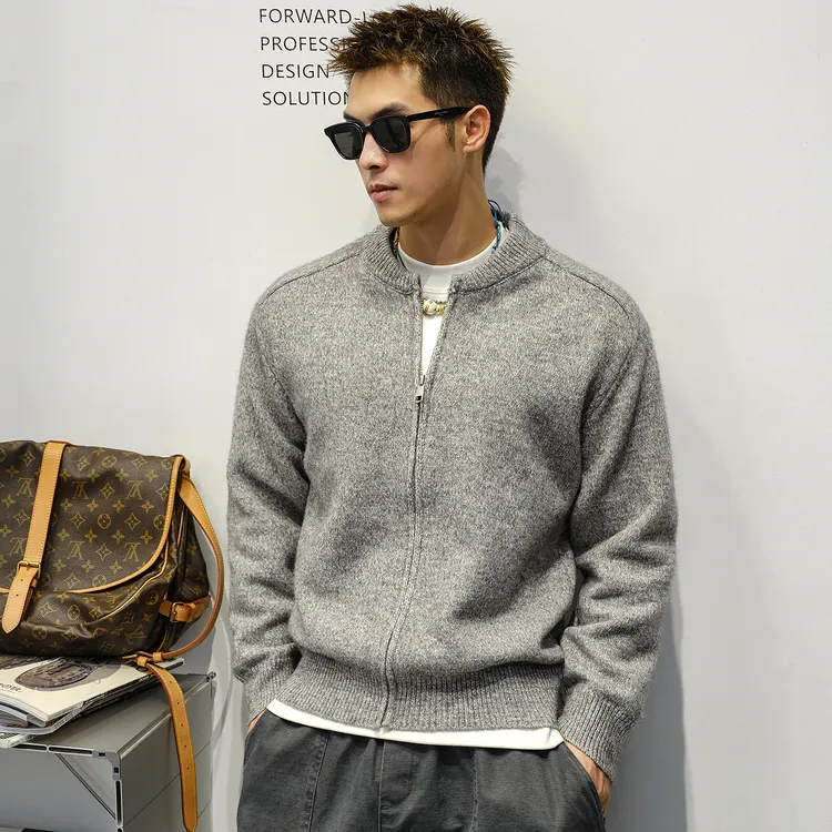 Aft studio800g重磅 白灰色大码开衫毛衣男秋冬男装休闲针织外套