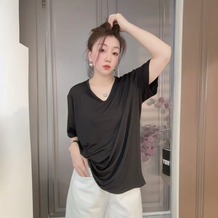 【广州微姐】夏季时尚休闲宽松纯色面膜v领短袖t恤3136