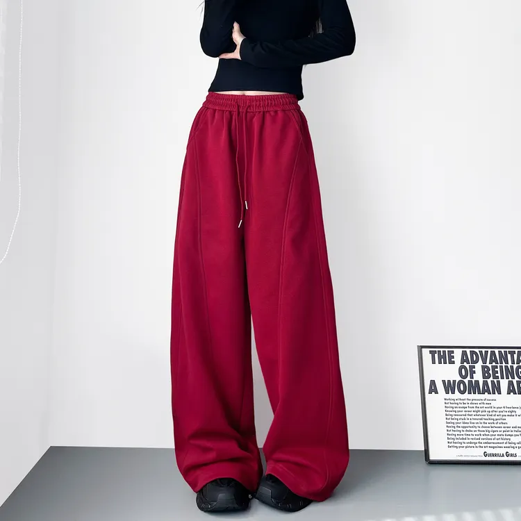红色高腰显瘦慵懒风阔腿裤女冬季新款大码胖mm松弛感宽松运动卫裤