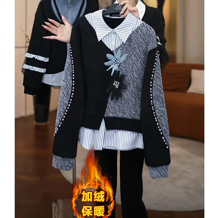 今年流行重工钉钻拼色加绒卫衣女秋冬新品轻奢高级感显瘦保暖上衣