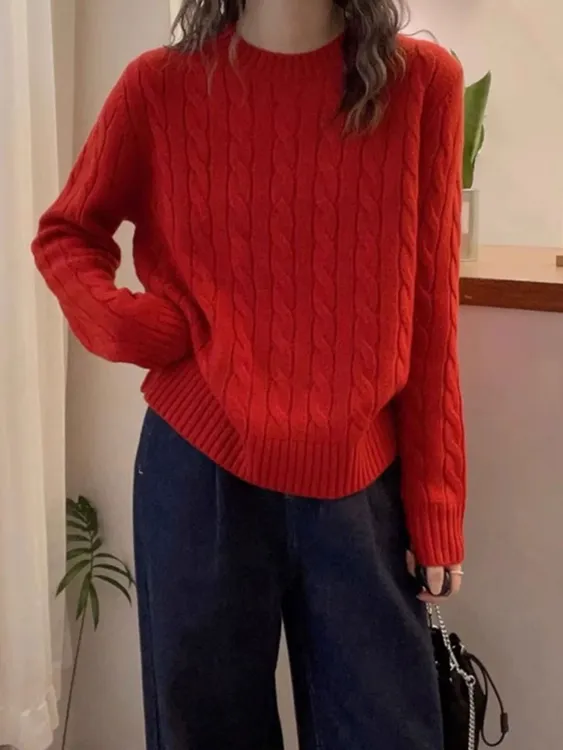 针织高级感圆领麻花100%羊毛衫女宽松加厚软糯毛衣扭花打底衫2490