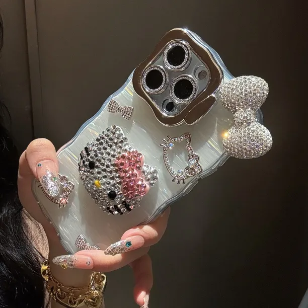 网红可爱满钻女款KT猫贝壳镜面镜头支架手机壳适用多型号