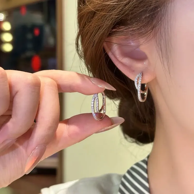合金锆石耳饰 微镶双层耳扣女简约气质微镶锆石耳环时尚百搭耳钉