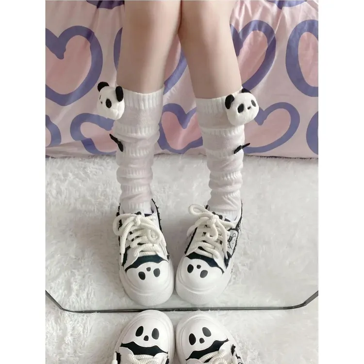 h一米五女袜纯棉熊猫袜子白色百搭小腿袜堆堆袜日系可爱JK甜美软