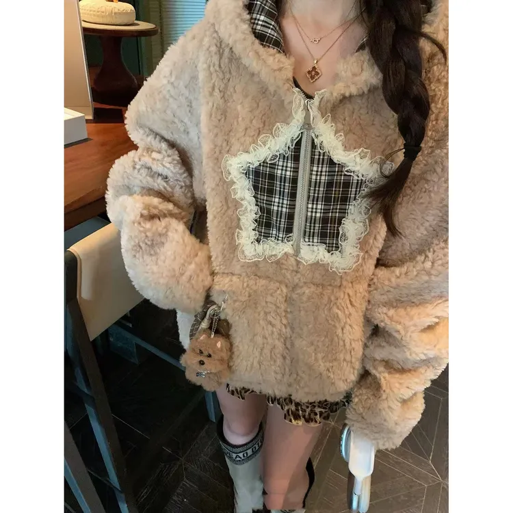 睡衣通勤风女保暖连帽短外套网红慵懒风甜美秋冬外套