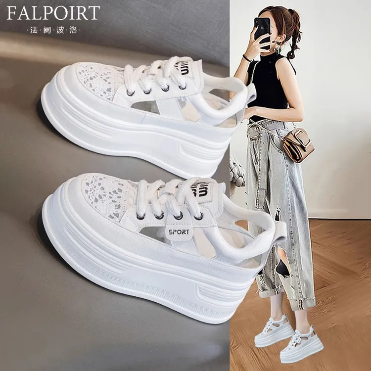 FALPOIRT夏季包头罗马凉鞋女国风刺绣厚底百搭镂空透气小白鞋