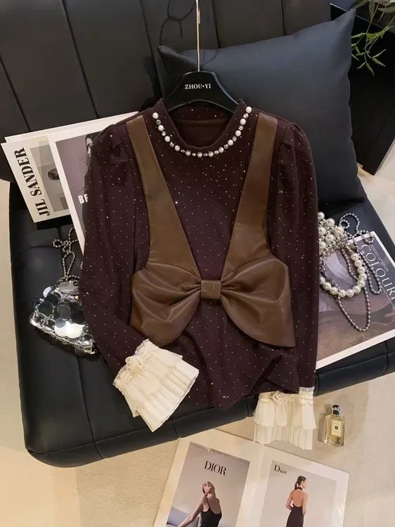 ZHOUYI/周一 2025冬季法式满天星钉珠圆领上衣时尚假两件针织衫女