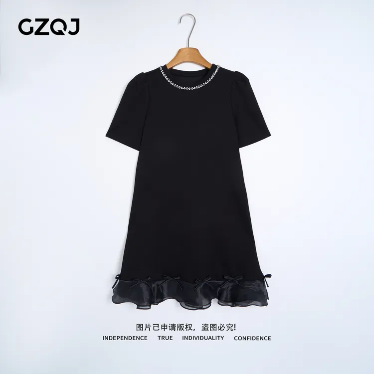 老琴私服【夜茧甜漪】 欧若风时尚优雅珍珠圆领短袖连衣裙女 0551