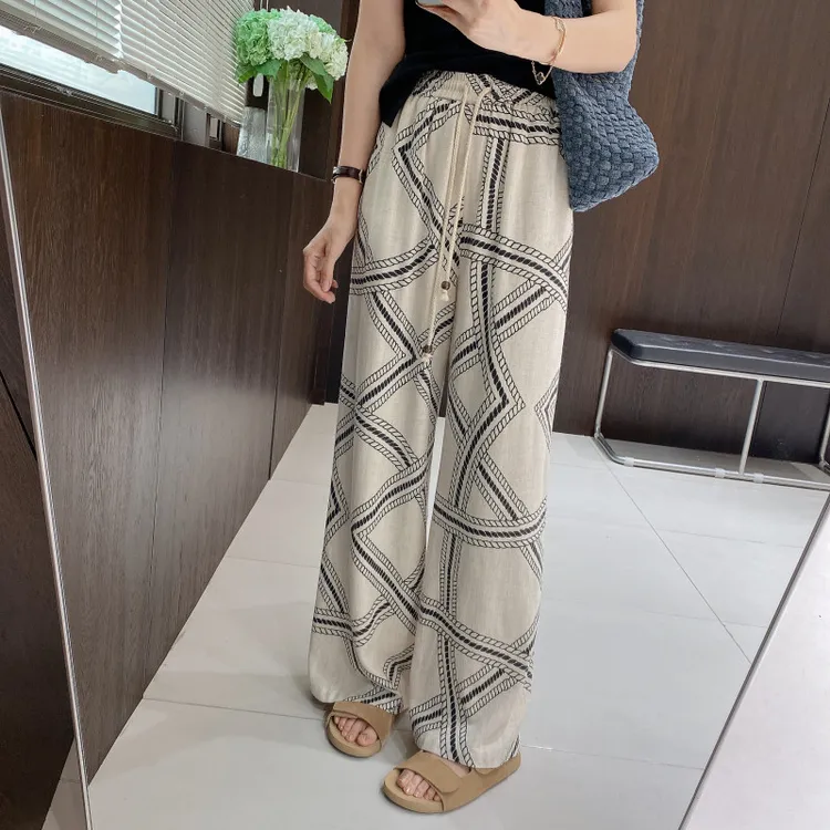 IMFLY金小金自制女装 亚麻休闲裤DYK2663印花松紧腰抽绳休闲裤女