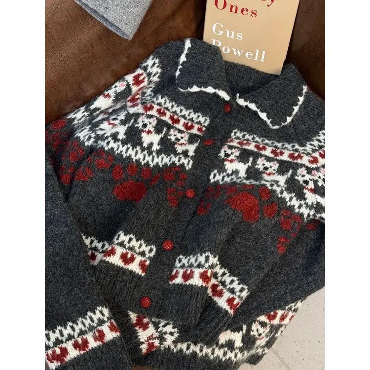 "小狗费尔岛"深灰色复古针织毛衣外套时尚宽松加厚圆领秋冬提花