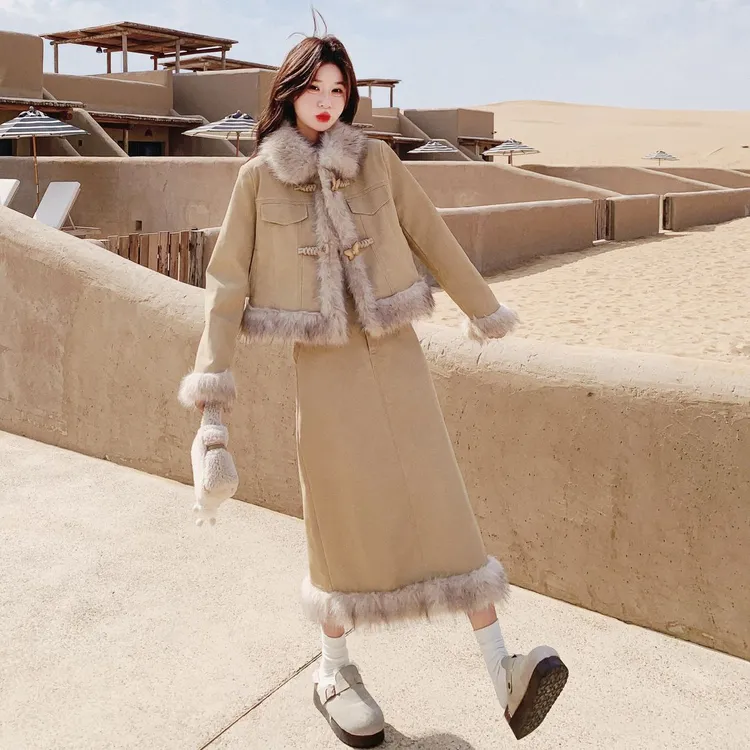 卡其色羊羔绒外套夹棉套装裙女冬季小香风韩系半身裙加厚两件套