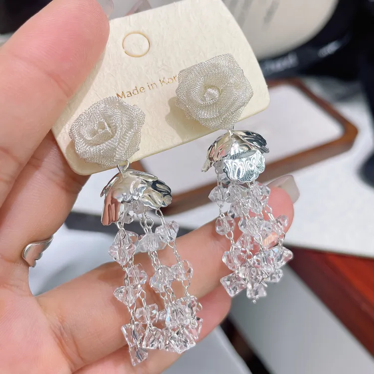 铜合金仿水晶耳饰 手工气质轻奢时尚百搭【网纱玫瑰】优雅耳饰003