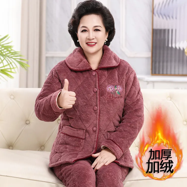 珊瑚绒睡衣女士冬季三层夹棉超厚加绒法兰绒中老年妈妈保暖家居服