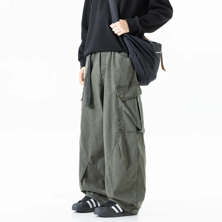 美式重磅褶皱工装裤男春秋潮流多袋阔腿裤时尚直筒休闲长裤男