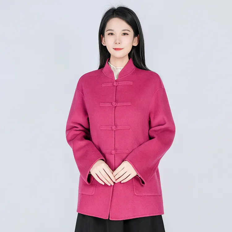 【长款】羊毛中式经典立领手工盘扣一字双面呢女士大衣WH05007689